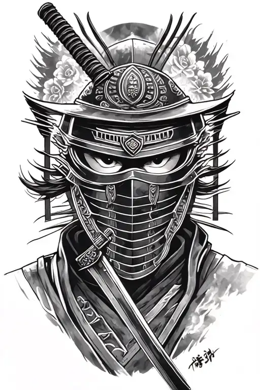 Samurai With Katana In Mask Black And White Tattoo Sketch Simple