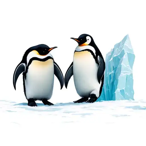 Adult Emporer Penguin Looking Down At Baby Penguin Standing In Front Of A Snowy Iceberg