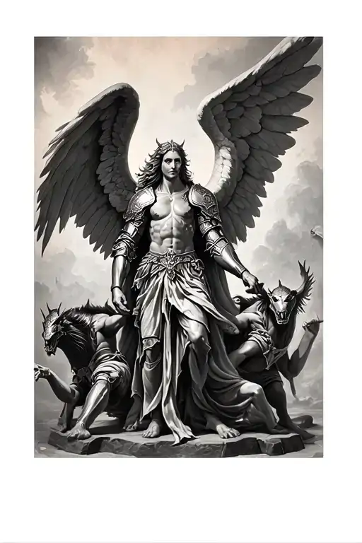 Angel Wearing Armor Battling Demons