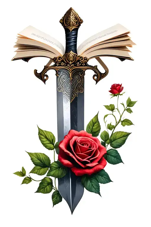 Open Book With Dagger Coming Out With Rose Flower Growing Around The Dagger