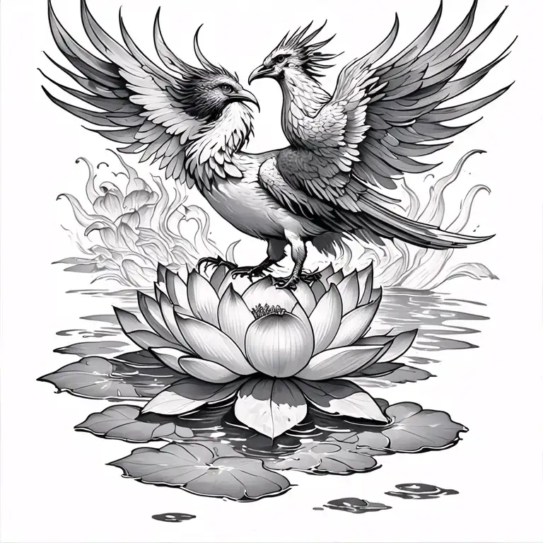 Phoenix Bird Rising From Center Of Lotus In Water