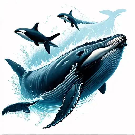 Humpback Whale Swimming With Orcas