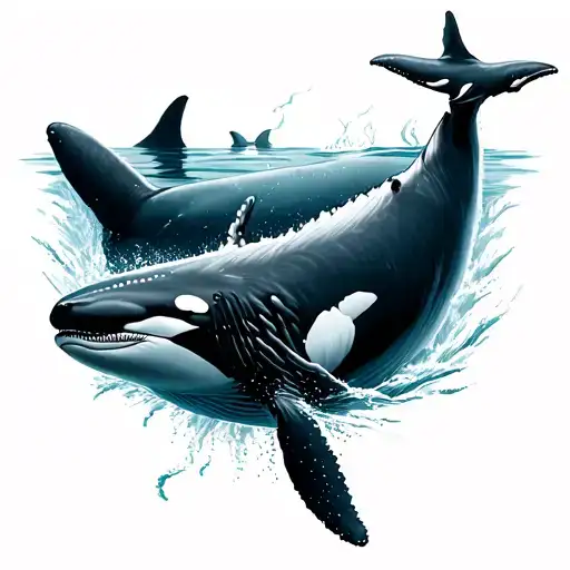 Humpback Whale Playing With Orcas Swimming