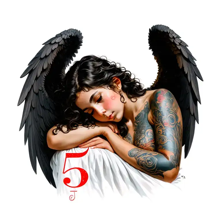 Angel Resting Her Head With A Red Number Five