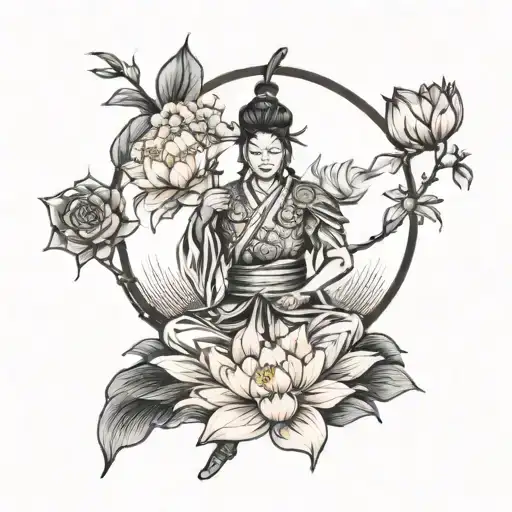 Cherry Blossom With Lotus Flower And In The Middle Warrior Written In Japanese