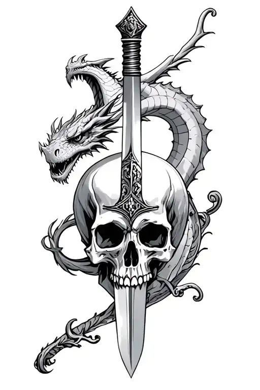 Skull With Sword In It And Dragon In The Background