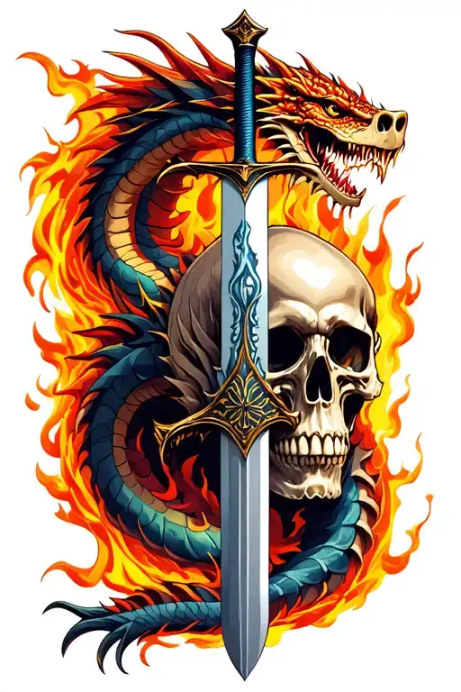 Skull With Sword In It And Dragon And Fire In The Background