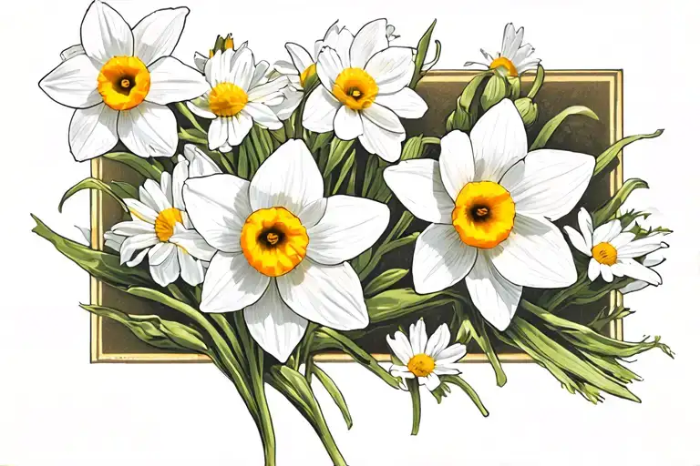 Daffodils And Daisies With Rectangle Background