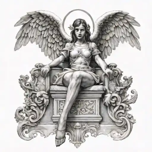 Thigh Tat Oh Huge Angel Behind Girl As A Guard And The Shadow Shows On Front Of Them