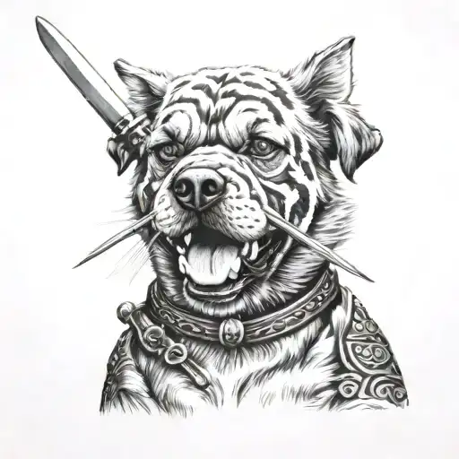 Dog Holding A Samurai Sword Between His Teeth