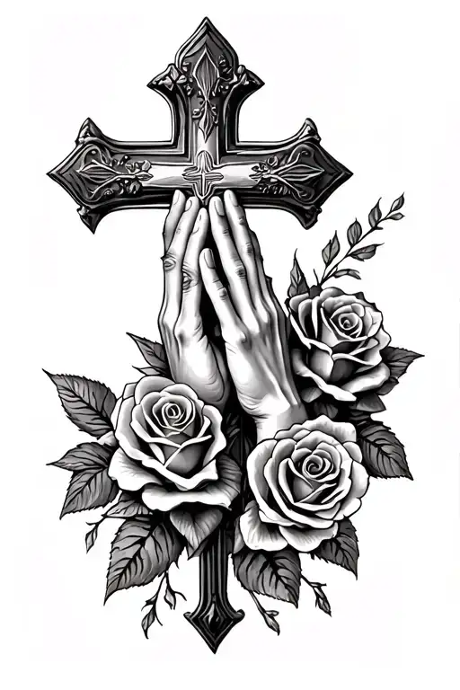 Praying Hands With Cross And Roses Wrapped