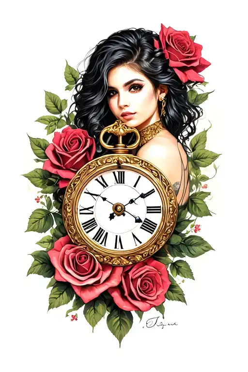 Sexy Girl With Roman Numeral Clock And Rose Intertwined