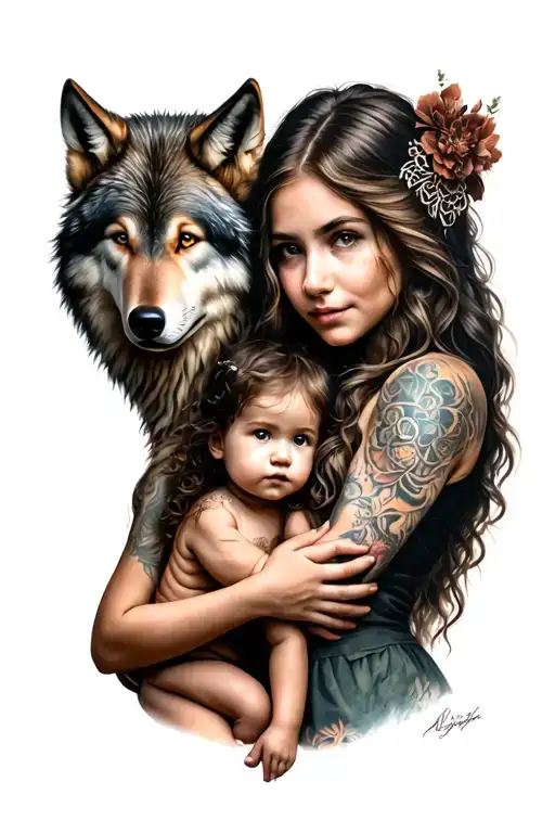 Wolf Woman And Child Holding