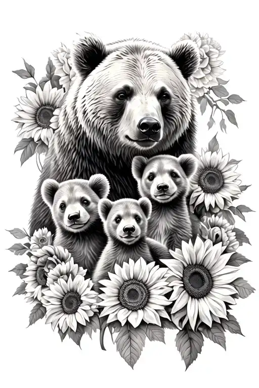 Momma Bear With 3 Cubs Surrounded By Roses And Sunflowers