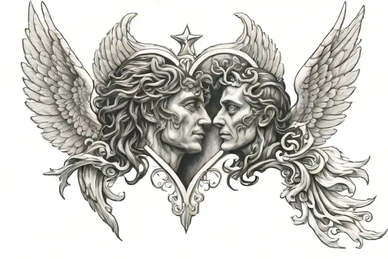 Angel And Demon Face To Face With Sacred Heart In Between