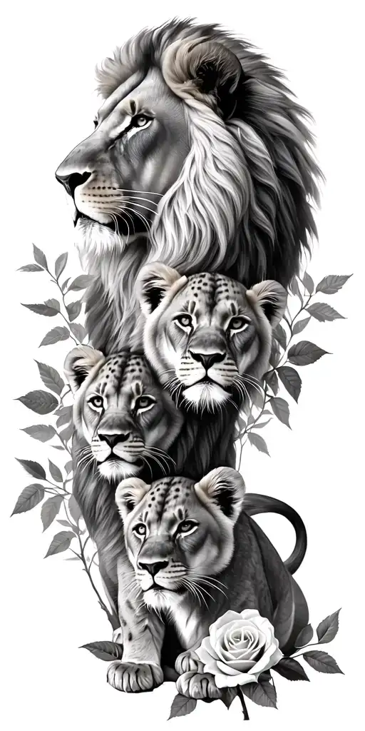 Lion Family Father Looking Over Mother And 2 Cubs Intertwined With Roses