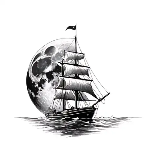 Black And Grey Lines Creating A Figure Of A Sailing Boat Going To The Moon