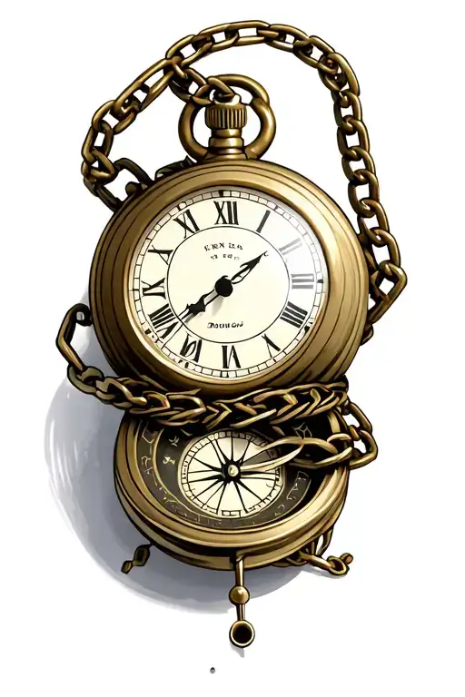 Pocket Watch And Compass With Broken Chain Wrapped