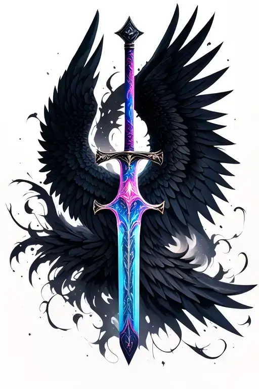 A Black Manifium Sword With A Blue Pink Inlaid With Black Angel Wings