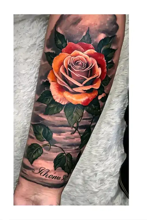 Rising Sun Tattoo With Rose And Child's Name On The Arm And Forearm