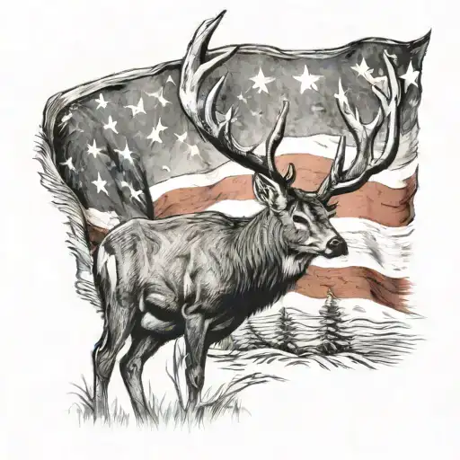 A Majestic White Tail Buck Standing Proudly In Front Of An American Flag