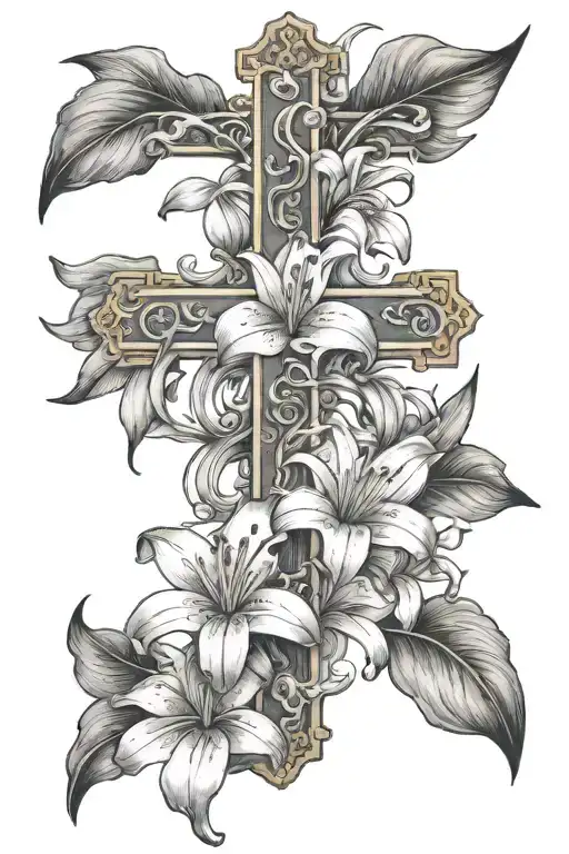 Cross With Lily Flowers Growing