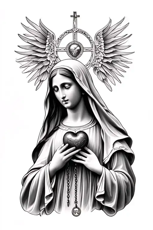 Modern Day Baddie Virgin Mary Holding A Realistic Heart And A Rosary Intertwined In Her Hands