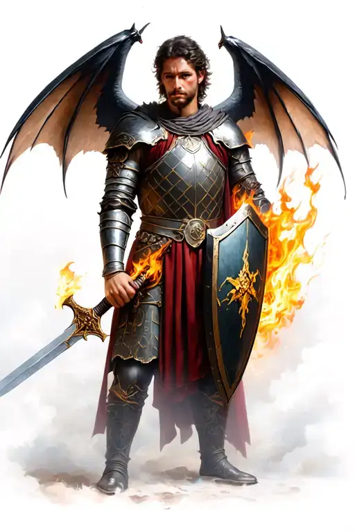 Roman Soldier With Bat Wings Decending From Heaven Holding A Flaming Sword And Shield In His Hands