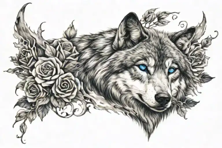 Wolf With Bright Baby Blue Eyes Surrounded By Roses And Fire