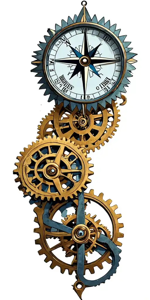 Compass Rose And A Clock Mechanism Intertwined With Gears