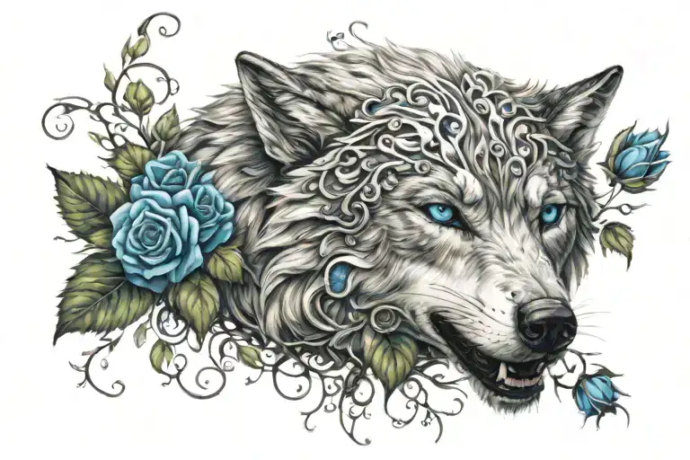 Wolf With Bright Blue Eyes Surrounded By Vines And Roses