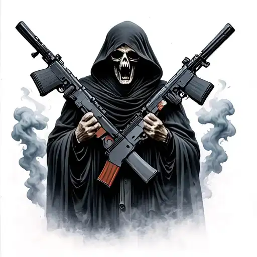 Grim Reaper Holding 2 Assault Rifles Screaming Souls Smoke Behind Him