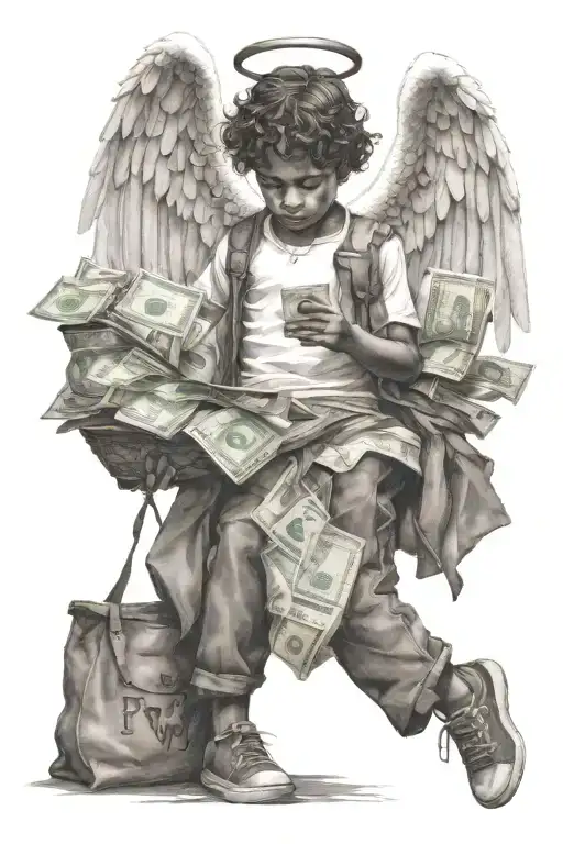 Angel Holding Bag Of Money With Boy Playing Ball In Favela Below