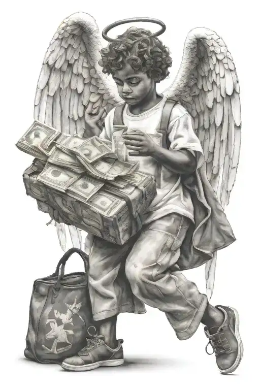 Angel Holding Bag Of Money With Boy Playing Ball In Favela Below
