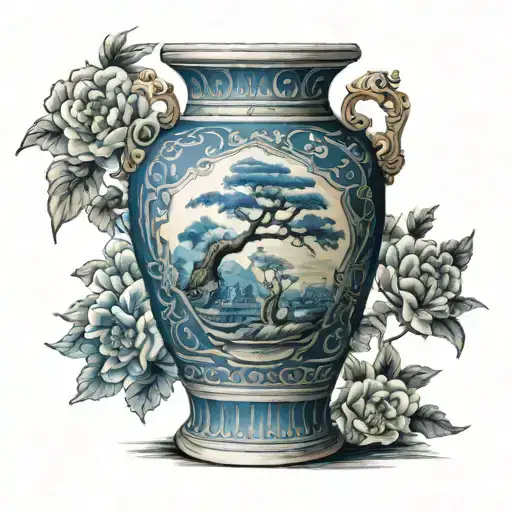 Asian Vase Tattoo In Blue Ink