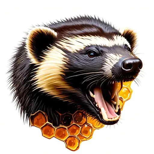 Head Of An Honey Badger With Mouth A Little Bit Open On The Background Of Honeycombs