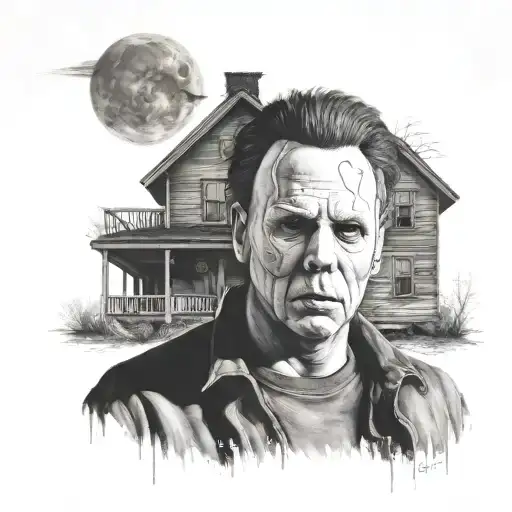 A Portrait Of Michael Myers With A Haunted House In The Background