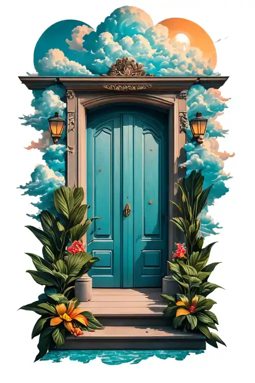 Paradise Door With Clouds Surrounding