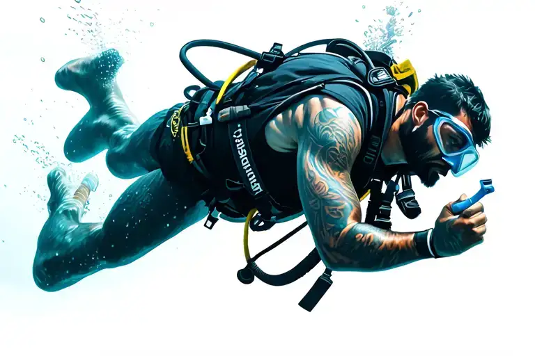 Full-fledged Swimming Alpha Man Scuba Diver In The Deep Ocean