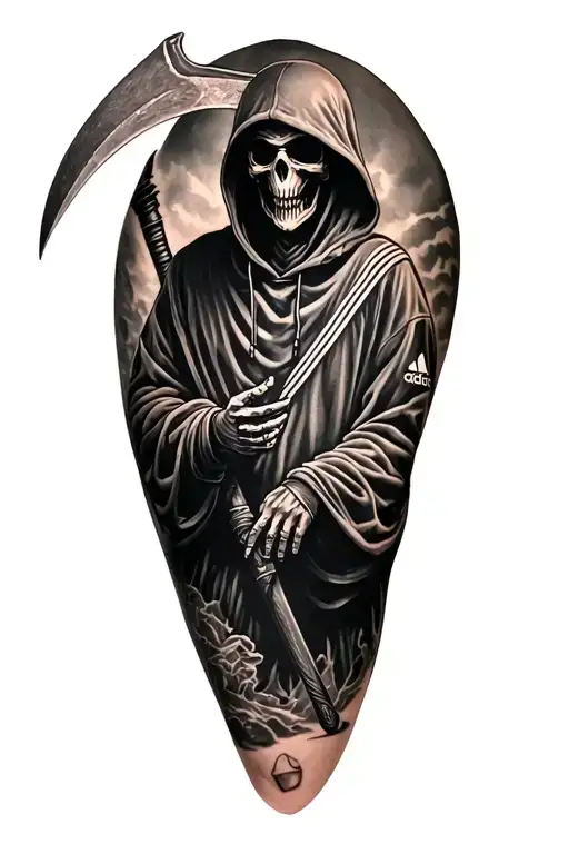 Grim Reaper With Scythe Wearing An Adidas Hoody