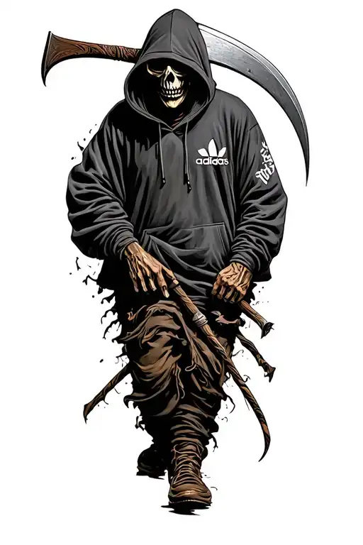 Grim Reaper With Scythe Wearing An Adidas Hoody