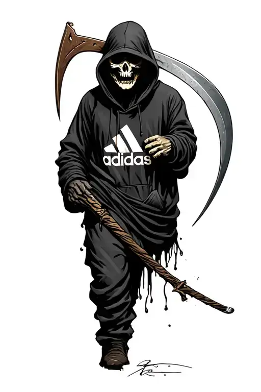 Grim Reaper With Scythe Wearing An Adidas Hoody