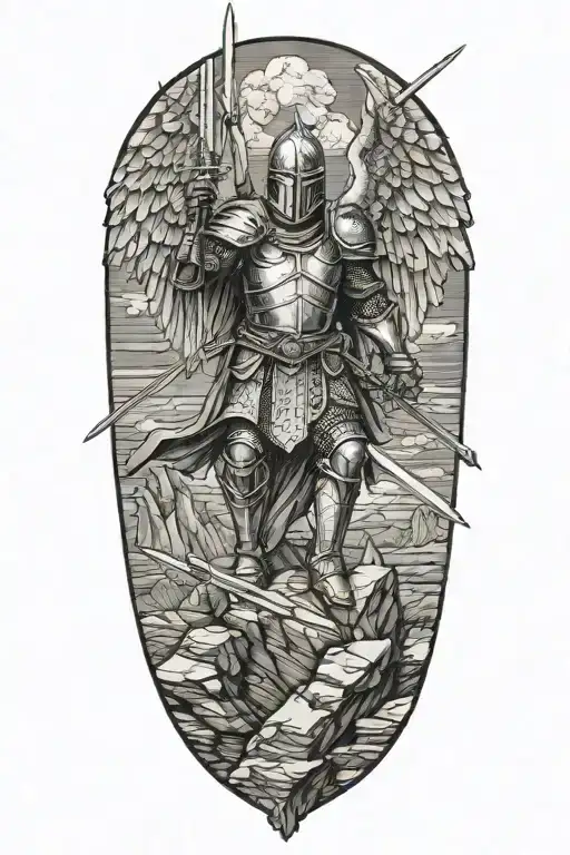 Knight With Angel Wings With Foot On Rock With Sword In The Air