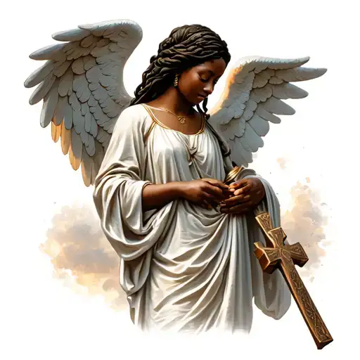 Guardian Angel Of A African Woman Looking Down And Holding A Cross