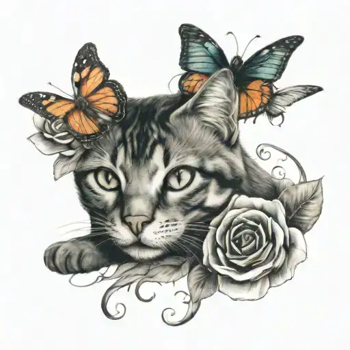 Cat With Roses And Butterfly