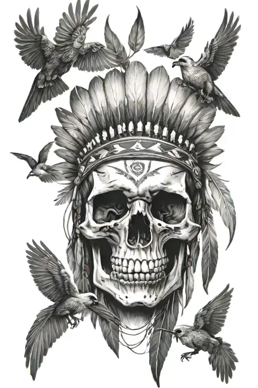 Native American Skull With Birds Flying Around It