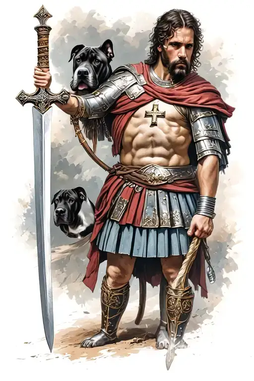 Roman Soldier Holding A Sword And Has A Cross Around His Neck With A Cane Corso At His Side