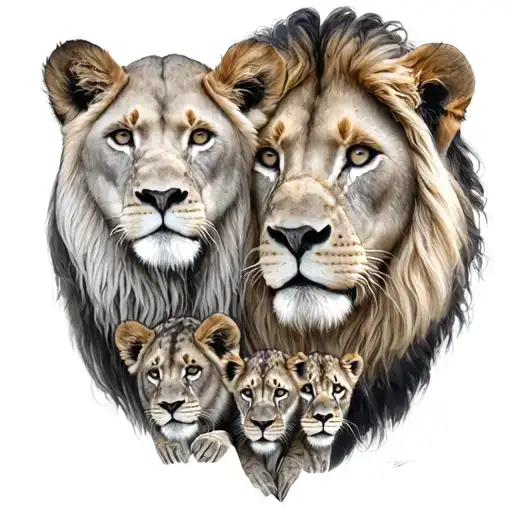 Lion With A Lioness And 4 Cubs Underneath
