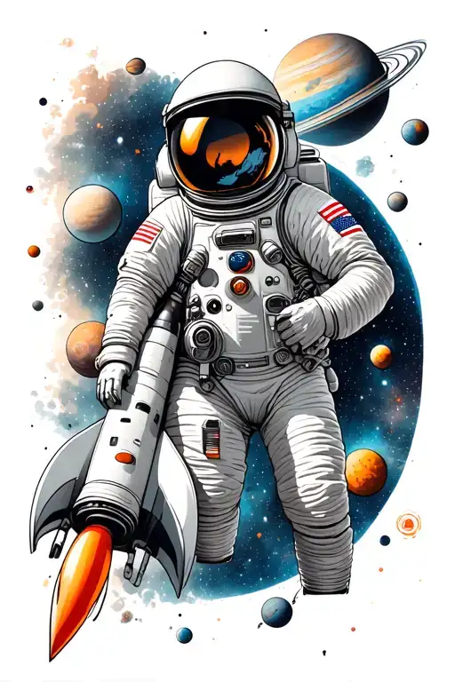 Astronaut With A Rocket In Outer Space Against The Backdrop Of Many Planets