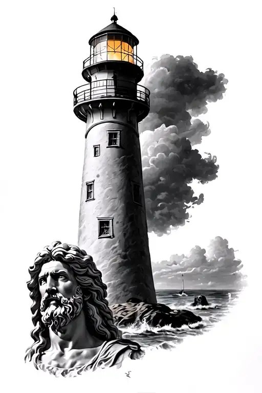 Lighthouse At Top With Zeus At The Bottom Half